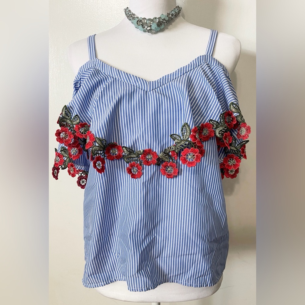 Like new Love J blue/white striped off the shoulder top & red embroidery Size S